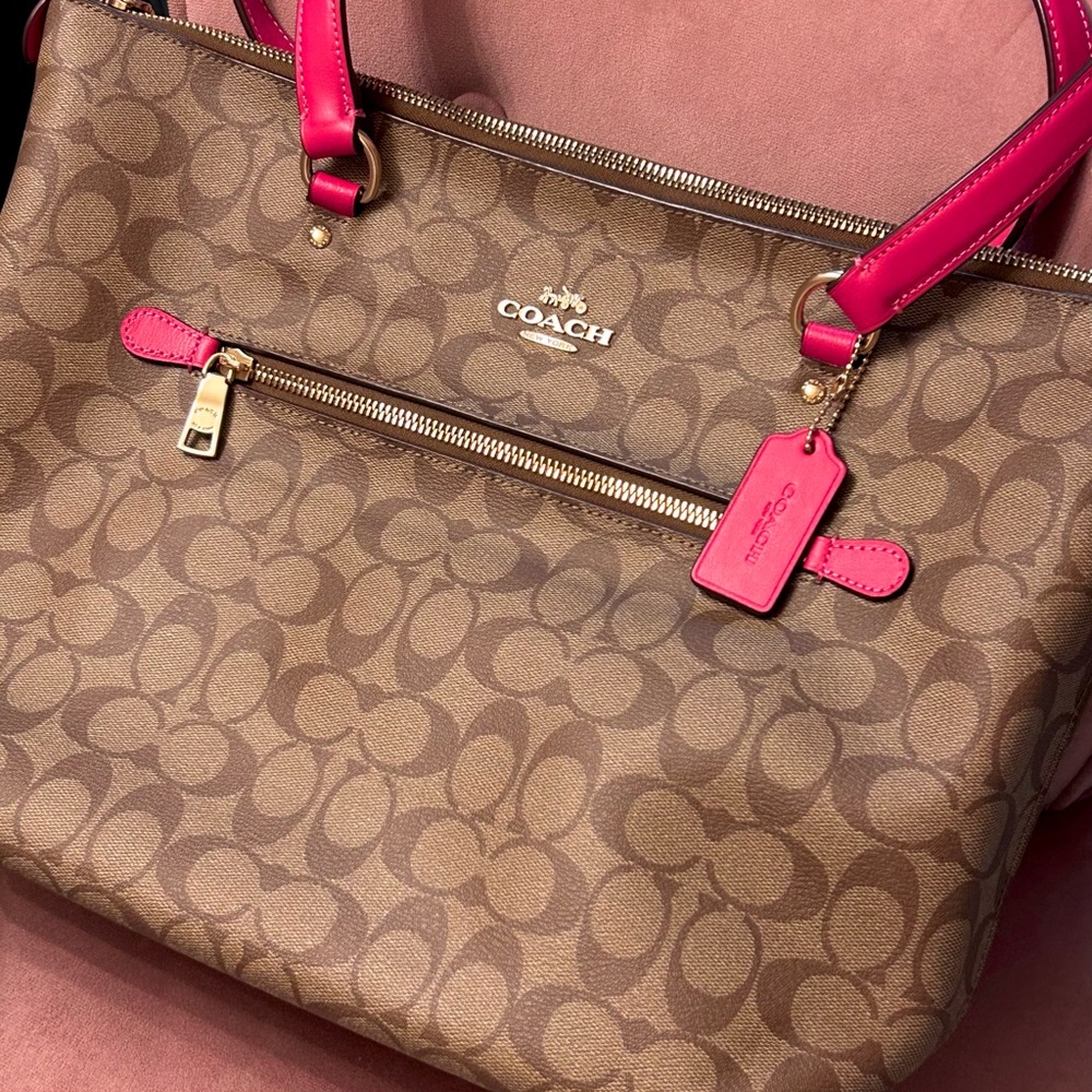 Coach Brown and Pink Signature Canvas Tote Bag